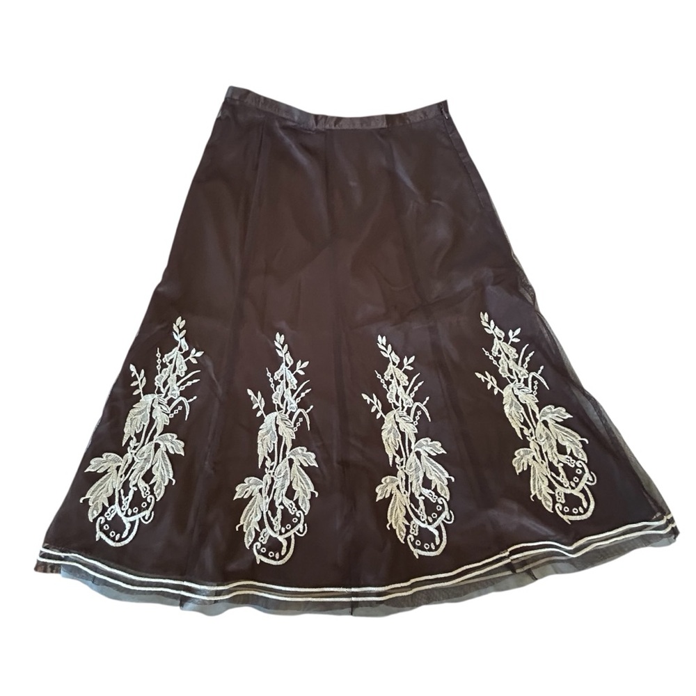 Vintage 90s Fairy Grunge Embroidered Mesh A-Line Brown Skirt 8 Witchy Whimsy